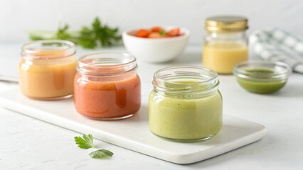 Delightful jars of baby puree arranged artistically on a minimalist surface for a fresh culinary experience with natural flavors