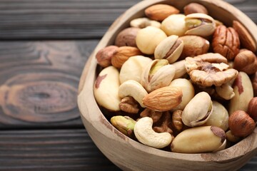 Mix of different nuts in bowl on wooden table, closeup. Space for text