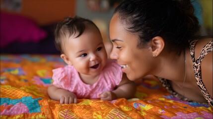 Obraz premium Baby and mother bonding moment on colorful blanket happy infant smiling at mom loving baby care time