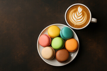 Multicolored French macarons in a plate, next to a cappuccino, against a black vintage background. Top view.
