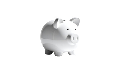 A glossy, white ceramic piggy bank, slightly angled, features a coin slot atop its head and small, simple features