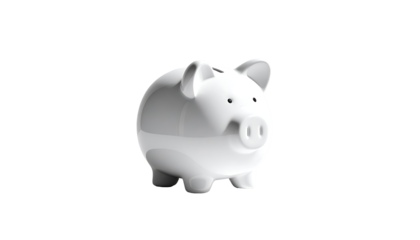 A glossy, white ceramic piggy bank, slightly angled, features a coin slot atop its head and small, simple features