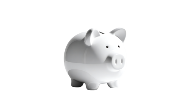 A glossy, white ceramic piggy bank, slightly angled, features a coin slot atop its head and small, simple features