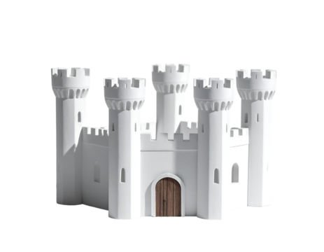 A miniature white castle model with four towers, crenellations, arched doorways, and a brown wooden door