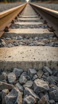 Perspective view of train tracks stretching towards a distant horizon creating a sense of journey