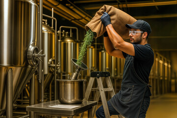- Brewer pouring hops into a mixer in a brewery