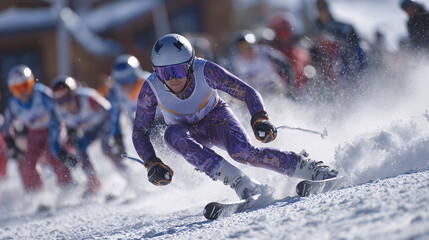A dynamic sports photo of a skier on the track during an Olympic competition, with a blurred background and an athletic pose.
