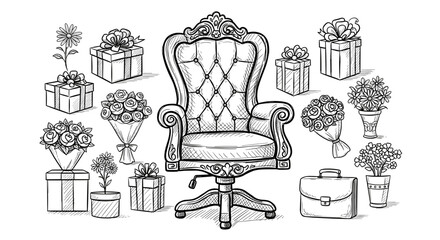 Office chair with flowers and gifts sketch illustration.
