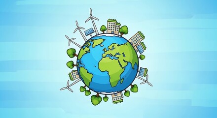 Naklejka premium Sustainable Earth Illustration with Wind Turbines Solar Panels and Buildings