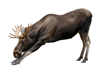 A magnificent moose with elaborate antlers, positioned low to the ground, bends forward in a graceful posture against a black background.