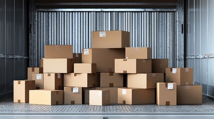 Pile of Cardboard Boxes in Storage Unit with Metal Walls