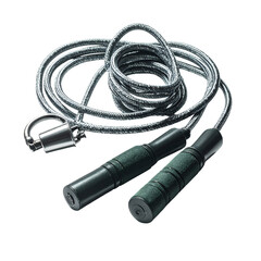 A coiled jump rope with dark green handles and a gray, textured cord; metallic swivel clasp