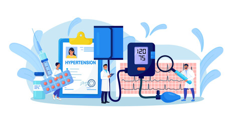 High blood pressure. Medical examination and cardiology checkup. Tiny doctors measuring patient blood pressure using sphygmomanometer. Hypotension and hypertension disease treatment, prevention