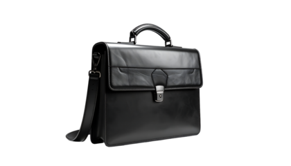 Black leather briefcase with a top handle and detachable shoulder strap; subtly textured panels; classic design