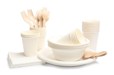 Set of disposable tableware isolated on white