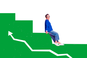 Composite trend artwork 3D image photo collage of huge arrow show way point direction aged woman office manager worker sit ladder stairs