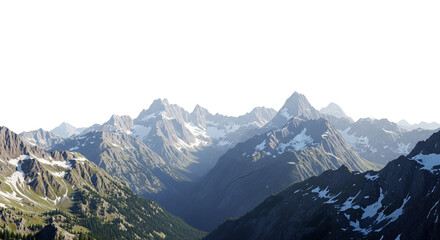 Panoramic Snow-Capped Mountain Range with Rugged Peaks and Green Valleys on White Background