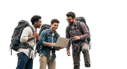 group of students trekking and using laptop