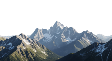 Jagged Snow-Capped Mountain Peaks with Green Slopes Under Clear Sky on White Background