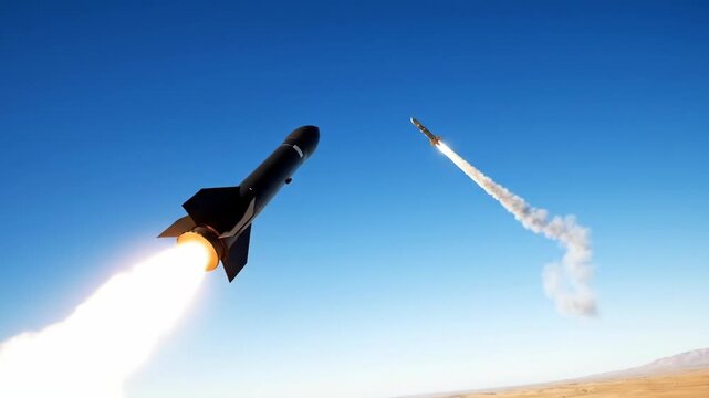 Rocket fire powerful missile soaring into clear blue sky in desert.