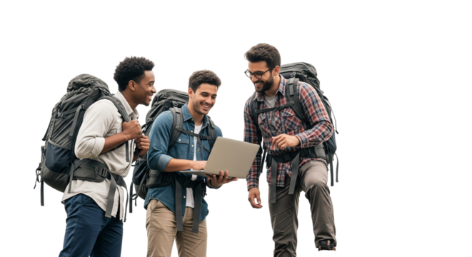 group of students trekking and using laptop