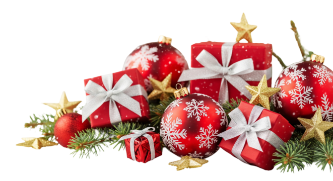 christmas decoration with red balls and pine tree, gift box