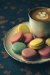 Multicolored French macarons in a plate, next to a cappuccino, against a black vintage background.