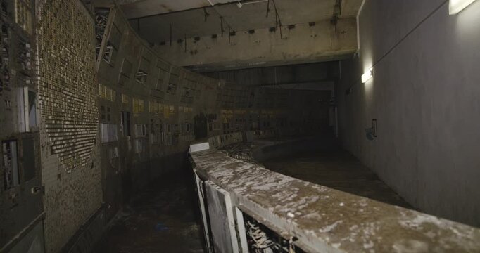 Inside The Infamous Control Room 4 At Chernobyl Nuclear Power Plant In Ukraine. Handheld Shot