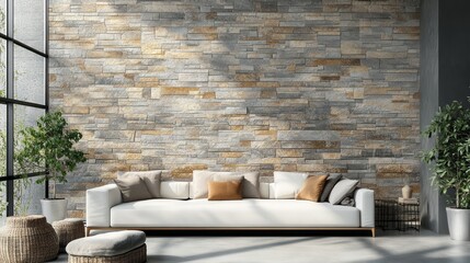 A modern living room boasts a stylish stone wall, complemented by a comfortable white sofa and natural elements.