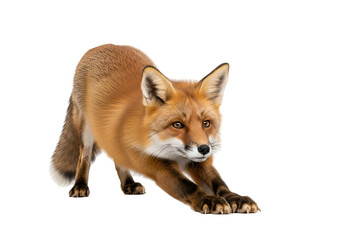 Fototapeta premium A red fox stretches its limbs against a stark black background, showcasing its detailed fur and alert expression.