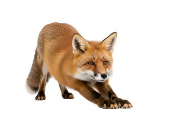 A red fox stretches its limbs against a stark black background, showcasing its detailed fur and alert expression.