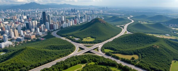 show how economic globalization reshapes cities and natural habitats, with skyscrapers, highways, and fragmented forests