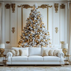A magnificent Christmas tree, adorned with gold and white ornaments, stands proudly in a luxurious, white-paneled room, with a matching white sofa and decorative accents.