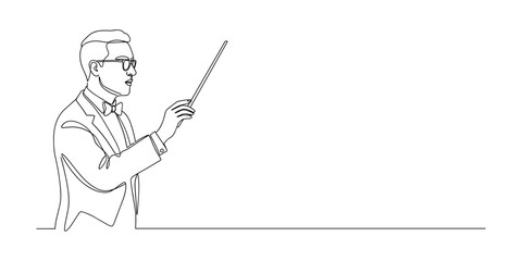 Elegant conductor in formal suit with bow tie holding baton in minimalist line art style on white for music, orchestra and leadership with copy space