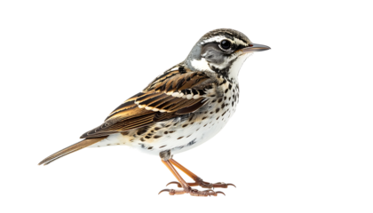 Small passerine bird, brown, white, and buff plumage, striped breast, orange legs, perched against black background