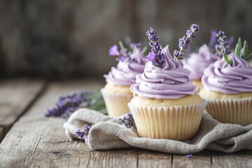 Lavender cupcakes with purple frosting and floral decor on rustic table