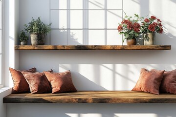 A rustic wooden window seat with terracotta cushions and potted plants, bathed in warm sunlight.
