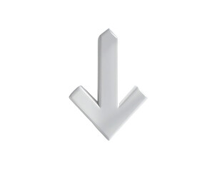 A metallic, three-dimensional downward-pointing arrow, silver-grey in color, set against a black background