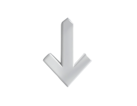 A metallic, three-dimensional downward-pointing arrow, silver-grey in color, set against a black background - Powered by Adobe