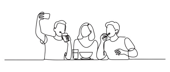Simple line drawing of people selfie while drinking at a hangout. Happy people eating. one line Icon drawing with white background