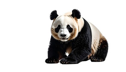 Naklejka premium A plump giant panda sits against a stark black background, its thick, black-and-white fur contrasting sharply. Its expression is calm and gentle