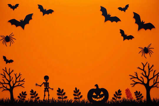 Halloween background. Flock of black bats, spider, pumpkin, skeleton and leaves for Halloween. Black paper bat silhouettes on orange background. Autumn decoration. Halloween concept. Top view.