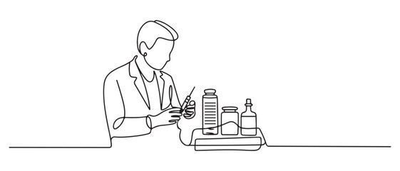 Single one line drawing man The doctor is preparing the injection equipment with anesthesia. one line Icon drawing with white background