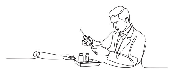 Single one line drawing man The doctor is preparing the injection equipment with anesthesia. one line Icon drawing with white background