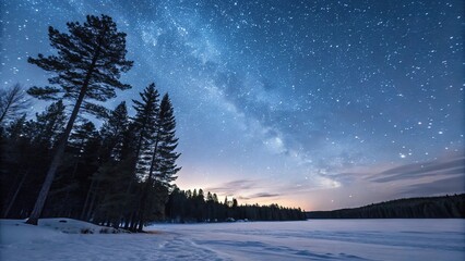 Fototapeta premium Starry night illuminates a serene snowy landscape beneath a blanket of twinkling stars and towering pines