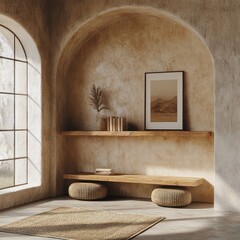 A sun-drenched, earthy-toned room boasts a minimalist design with arched alcoves, wooden shelving, and a neutral color palette.