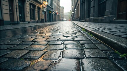 Textured cobblestone street glistening after a gentle rain, inviting quiet reflections of a tranquil evening stroll