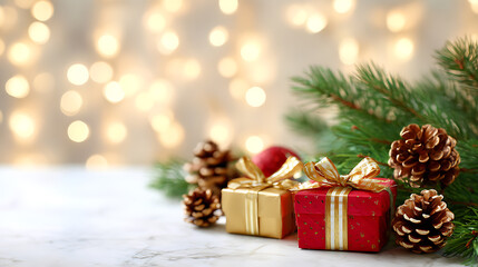Christmas background with fir branches, gift boxes and bokeh lights. Festive holiday decoration and winter celebration concept.
