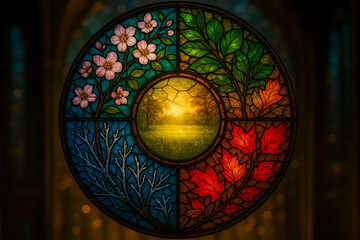 Fototapeta premium Stained Glass Art Depicting Four Seasons with Floral, Leaves, and Nature Motifs