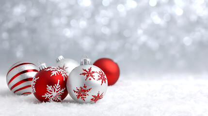  Christmas background with red and white baubles on snow with bokeh. Festive winter holiday decoration and seasonal celebration concept.